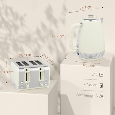 Набір тостерів HOMCOM Kettle, набір для сніданку з нержавіючої сталі з тостером на 4 скибочки, чайник 1,7 л, 2200 Вт, 7 рівнів підрум&39янення, піддон для крихт, розморожування, розігрівання та термостат Strix, вершки