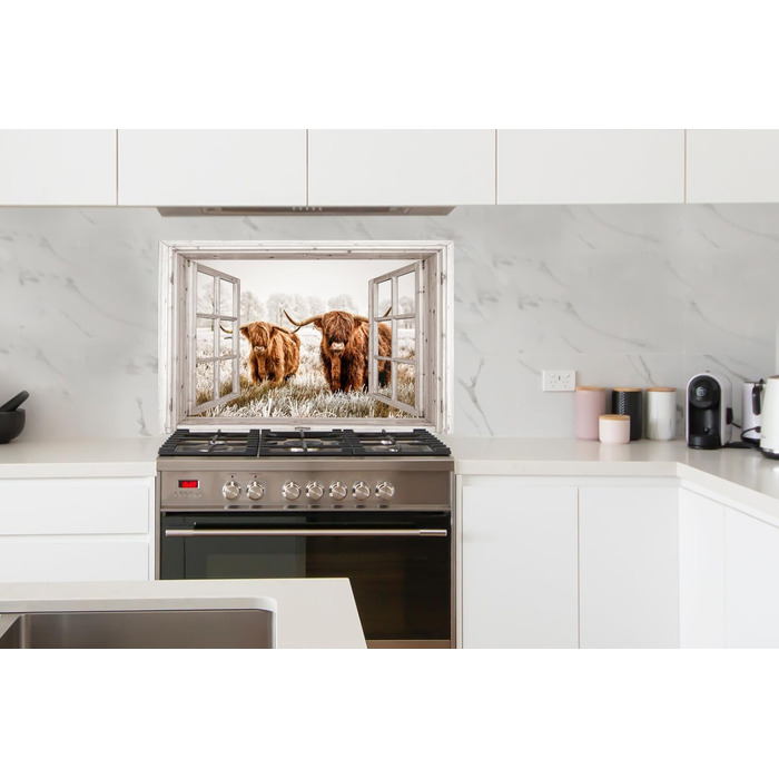 Панель кухонного фартуха, бризкозахисна панель, декор для кухні, алюмінієва панель, бризкозахисна панель для плити, альтернатива скляній панелі, чорна - з малюнком - суцільна - чорна - темна - (вид з вікна на шотландську високогірну худобу, 100x65 см)
