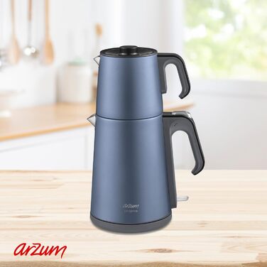 Електричний турецький чайник, 2200 Вт, чайник 3,5 л, скляний чайник 1,2 л, нержавіюча сталь, інтелектуальний контроль температури, захист від кипіння (39 см x 25 см x 20 см, колір Ocean Blue)