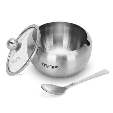 Цукорниця 350 мл Fissman зі скляною кришкою і ложкою нержавіюча сталь (5872)