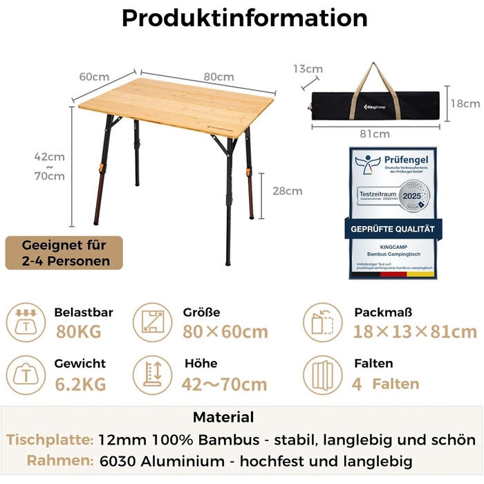 Складний бамбуковий стіл для кемпінгу 80 x 60 см KingCamp