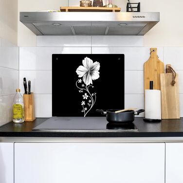 Фартух для плити, кухонний фартух, вініл, 78x52 см, декор для кухні, облицювання стіни, кришка для плити - сіро-чорна (квітка - чорна, 52Д x 60Ш см)