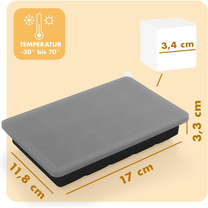 Силіконові формочки для льоду Blumtal, набір з 3 шт. - форма для льоду на 24 кубики з кришкою - силіконова форма для льоду без бісфенолу А - форма для льоду, безпечна для харчових продуктів - сіро-блакитна великі кубики (чорні, кубики XL)