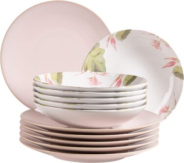Набір тарілок на 6 персон у частково декорованому вінтажному вигляді, обідній сервіз із 12 предметів, що складається з 6 обідніх тарілок рожевого кольору та 6 супових тарілок з квітковим декором, екзотичний, керамограніт, 931926 Ossia Aguarela