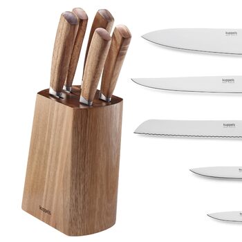 Набір ножів Kuppels WOOD з дерев'яним блоком, 5 предметів. Професійний кухонний набір ножів з ручками з акації та лезами з нержавіючої сталі 3Cr13, надзвичайно гострі. Набір ножів з блоком з натурального дерева акації, 5 частин.