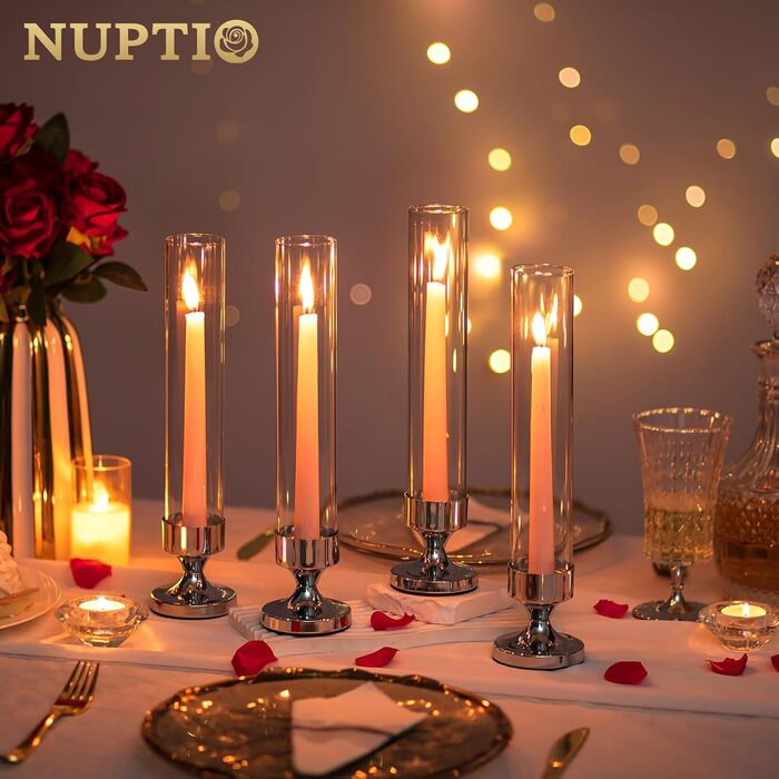 Скляний циліндричний свічник NUPTIO, скляний свічник - свічник-паличка, весільний стіл зі скляною стільницею без основи, ліхтар, скляний циліндричний свічник, свічка-паличка, День святого Валентина 31 см (набір з 2 шт., срібний)