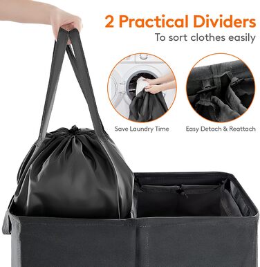 Кошик для білизни Lifewit з кришкою 2 відділення, збірник для білизни з 2 знімними мішками для білизни, складні кошики для білизни Кошики для білизни Коробка для білизни Тканинні кошики для білизни для ванної кімнати Спальня, (105 л, чорний)