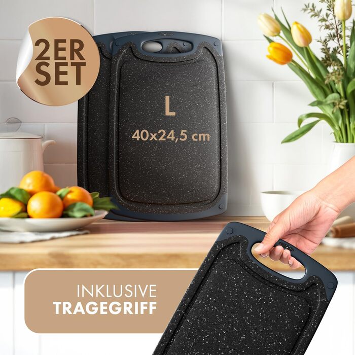 Набір обробних дощок Blumtal 3 розміри (S/M/L) - Велика пластикова обробна дошка з пазами для соку та ручкою - Міцна кухонна обробна дошка без BPA (чорна, комплект з 2 шт.)