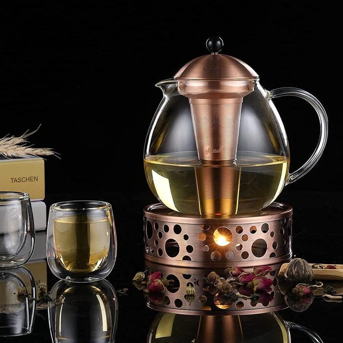 Серебряный чайник из гласстального стекла 1500 мл с ситечком для чая из нержавеющей стали 18/8 Чайник из боросиликатного стекла Стеклянный чайник, подходящий для подогревателя чая (1500 мл, бронзовый чайник типа 7)