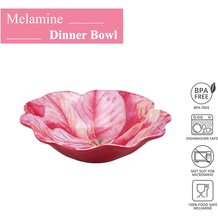 Набір меламінових мисок UP ware, миски у формі квітки для пасти, рису, супу та салату, без BPA, придатні для миття в посудомийній машині, ударостійкі, сині, 17,8 см, 6 предметів (Happy Holidays)