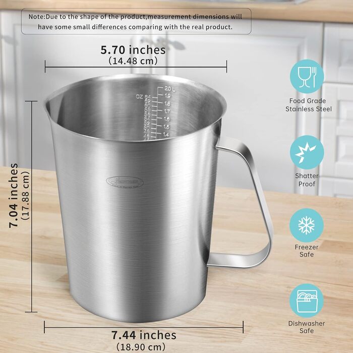 Мірна чашка з нержавіючої сталі, 1000 мл 3 мірні ваги, включаючи чашки, шкала ML, OZ Глечик для молока з маркером з ручкою, мірний глечик для молока (2000 мл (64 унції, 8 чашок))
