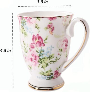 Набір із 2 порцелянових кавових кухлів, квітковий візерунок, 300 мл, чашки у формі кістки в стилі шинуазрі з ручкою для кави, чаю, молока, капучино (D)