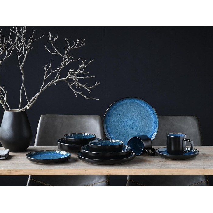 Серія Nordic Fjord набір посуду з 18 предметів, набір керамічних тарілок (комбінований сервіз 10 шт. , Синій), 21551