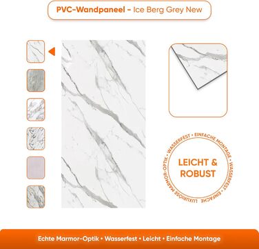 Стінові панелі IZODEKOR під мармур 60x120 см Панель для кухонного фартуха ПВХ-облицювання стін для кухні, ванної кімнати Бризкозахисний екран для кухні Водонепроникний та термостійкий ( панель, новий колір Ice Berg Grey)