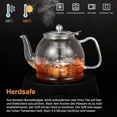 Скляний чайник, чайник із ситечною вставкою, чайний сервіз з боросилікатного скла, скляний чайник, скляний чайник із ситечною вставкою, чайник із ситечком, заварник із ситечком, заварник для чаю для розсипчастого листя - можна мити в посудомийній машині (