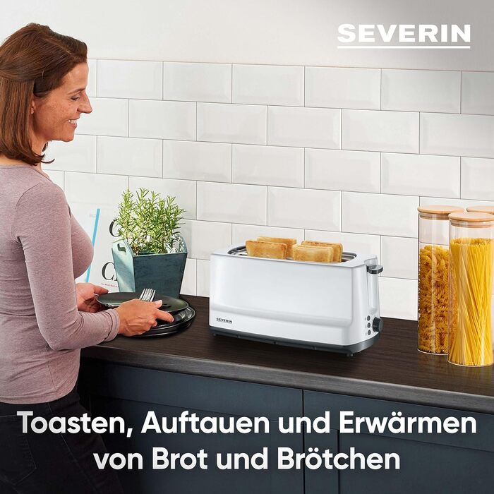 Автоматичний тостер SEVERIN з довгим слотом, 4 тости, автоматичний тостер з насадкою для булочки, тостер з нержавіючої сталі для підсмажування, розморожування та розігріву, 1 400 Вт, білий / сірий, AT 2234 4 скибочки тостів