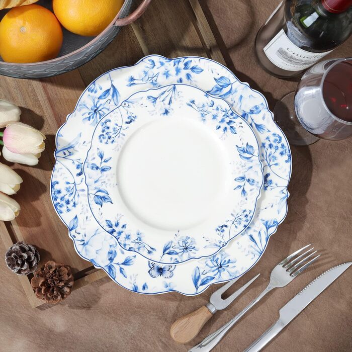 Набір із 4 тарілок для торта fanquare, порцелянові тарілки для хліба з блакитним квітковим візерунком, тарілки для торта Ø 21 см, тарілки для пасти, десертні тарілки, можна мити в посудомийній машині та використовувати в мікрохвильовій печі, блакитний кві