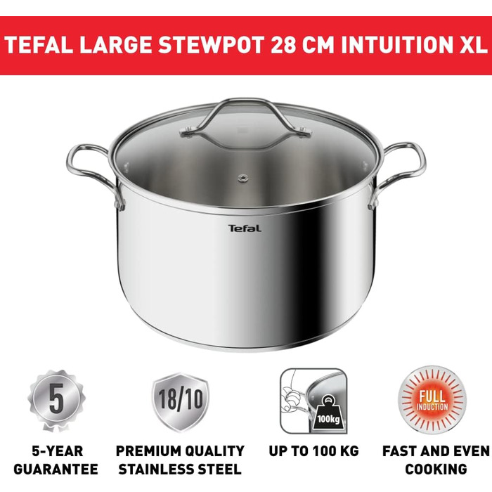 Кастрюля 8 л из нержавеющей стали со стеклянной крышкой 28 см Intuition Tefal