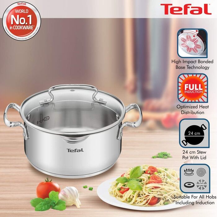 Кастрюля 5 л из нержавеющей стали со стеклянной крышкой 24 см Duetto+ Tefal