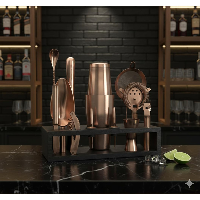 Набір бармена з чорною бамбуковою підставкою 11 предметів Highball & Chaser