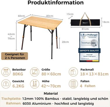 Складний бамбуковий стіл для кемпінгу 80 x 60 см KingCamp