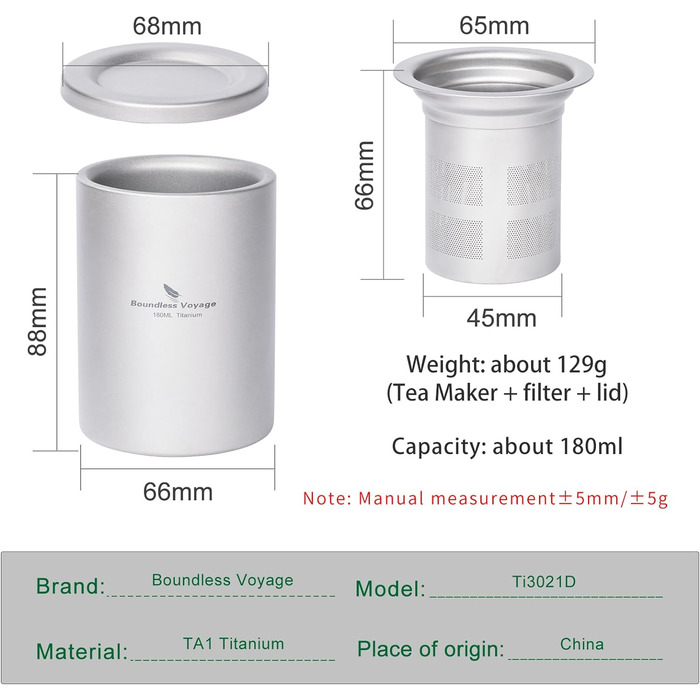 Титанова чашка з кришкою з фільтром 180 мл. iBasingo