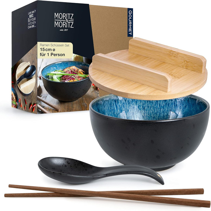 Включая крышку и ложкуBlack Ramen Bowl Set на 4 персоны - для супа, фо и суши боул ( миска), 4 шт., Set Ramen Blue Reactive