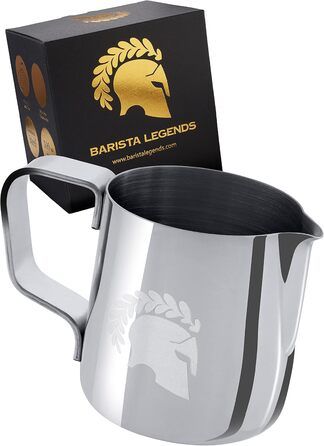 Глечик для молока Barista Legends з нержавіючої сталі 350 мл зі спеціальним носиком для лате-арту - Глечик для спінювання молока з високим глянцевим покриттям - Глечик для молока Barista з нержавіючої сталі - Аксесуари Barista (срібло)