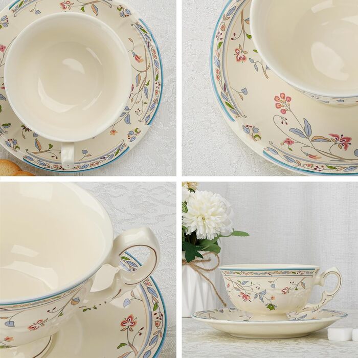Набір чашок та блюдець Fanquare з вінтажним квітковим візерунком, кістяний фарфор, для еспресо, капучино та кави, з блюдцем та ложкою, подарунок для вечірки (синій)