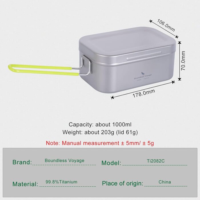 Ланч-бокси на відкритому повітрі Титанова мірна олов'яна тензодатчик Кемпінгова миска Квадратна каструля Одношаровий легкий посуд Bento з ручкою проти опіків Міні-решітка для пароварки (1000 мл Ti2082c)