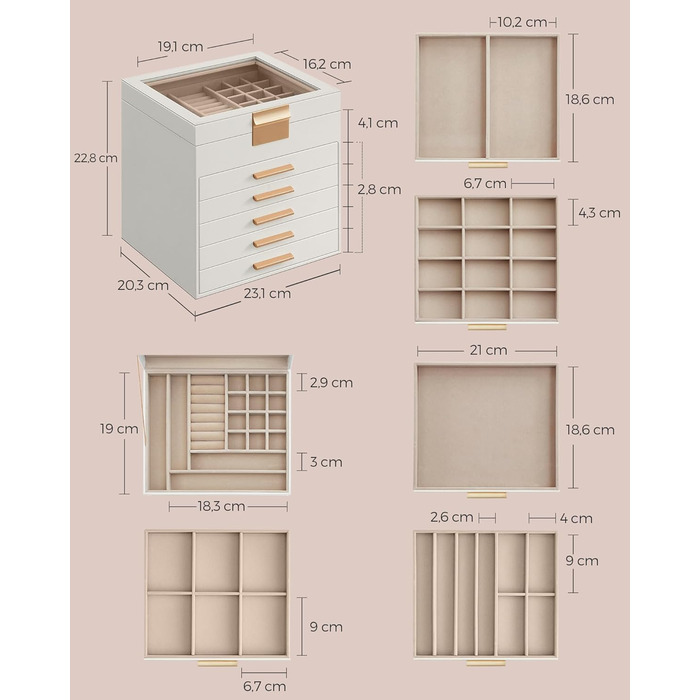 Скринька органайзер для ювелірних виробів 6-рівнева 20,3 x 23,1 x 22,8 см, хмарно-біла SONGMICS