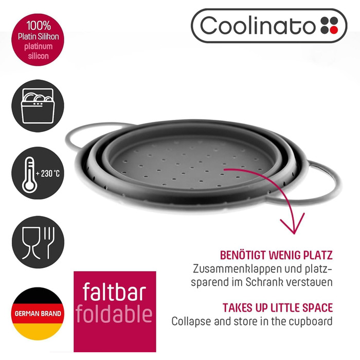 Складаний силіконовий друшляк Сітчасте силіконове сито для пасти, овочів та фруктів Можна мити в посудомийній машині, не містить бісфенолу А та термостійке до 230C Компактний складний друшляк для зливу води (сірий, 20 та 24 см)