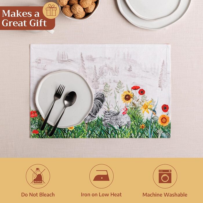 Бавовняні килимки, набір з 4 шт. , декоративні килимки, пасхальні килимки, що праються, для свят, вечерь, весни, літа (33 см x 48 см) (025 - Basse Cour), 39Hermine, 100