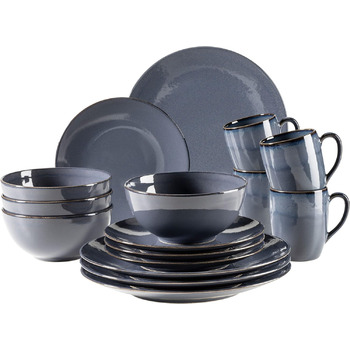Набір посуду MSER 931545 Ossia на 4 персони в середземноморському вінтажному стилі, комбінований сервіз з 16 предметів з кераміки (антрацитовий синій)