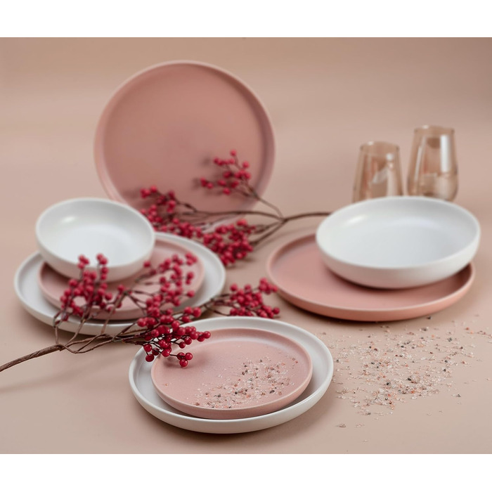 Серия Uno Набор посуды из 16 предметов, комбинированный набор из керамогранита (роза кремовый, столовый сервиз 8 предметов), 22978