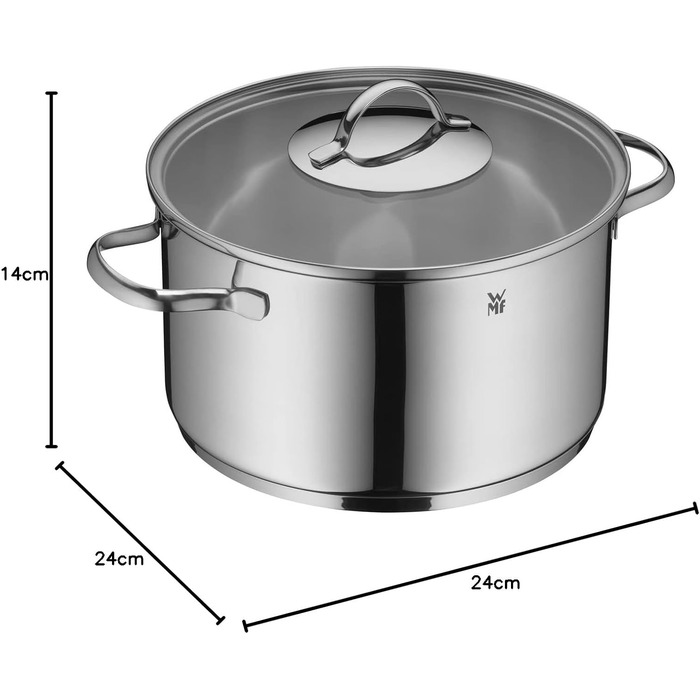 Набір індукційних каструль WMF Aparto Advantage Pot Set зі скляною кришкою, полірована нержавіюча сталь Cromargan, набір індукційних каструль без покриття, можна мити в посудомийній машині (набір каструль) (24 см)