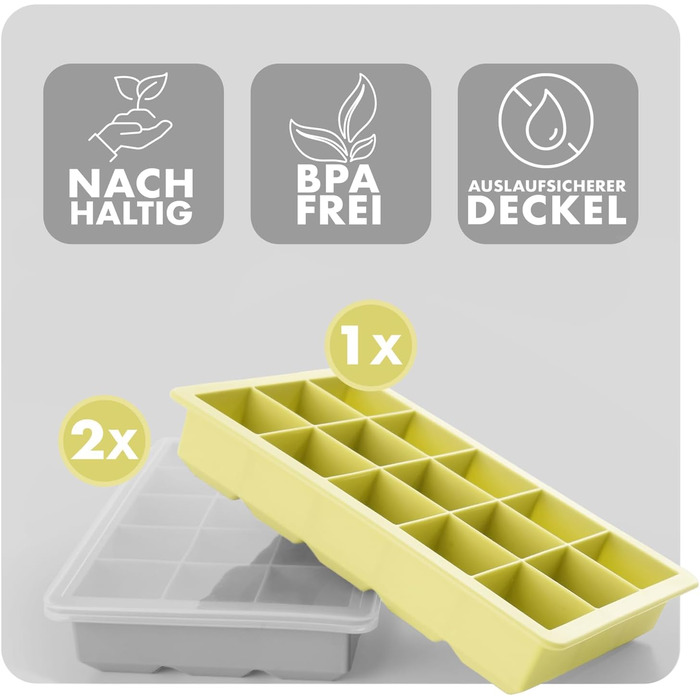 Силіконові формочки для льоду Blumtal, набір з 3 шт. - форма для льоду на 24 кубики з кришкою - силіконова форма для льоду без бісфенолу А - форма для льоду, безпечна для харчових продуктів - сіро-блакитний великі кубики (сірий жовтий, кубики XL)