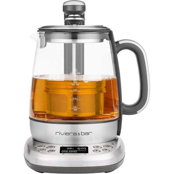 Чайник riviera&bar Cha Dao Expert з регульованою температурою, загартоване скло та нержавіюча сталь, тихий режим, оптимальне заварювання чаю, 1,5 л, 22 x 36,5 x 29,5 см