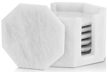 Підставки під чашки з мармуру з підставкою, 8.9 см, з оніксу, ручної роботи, для офісу, напоїв, кави та бару, на обідній стіл, набір з 6 шт. (Білі)