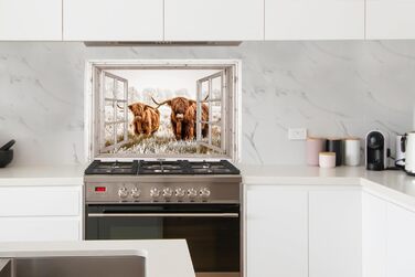 Панель кухонного фартуха, бризкозахисна панель, декор для кухні, алюмінієва панель, бризкозахисна панель для плити, альтернатива скляній панелі, чорна - з малюнком - суцільна - чорна - темна - (вид з вікна на шотландську високогірну худобу, 100x65 см)