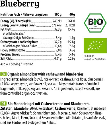 Органічні горіхові батончики - Низьковуглеводна закуска з горіхами - Веганський енергетичний батончик з мигдалем, фундуком та арахісом - Без глютену - Мигдаль та морська сіль 12 x 40 г Мигдаль та морська сіль 12 шт. (1 упаковка) (Чорниця, 12 шт. (1 упаков