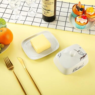 Маслянка з ручкою для 250 г вершкового масла, високоякісна кераміка, білий колір з квітковим та бджолиним візерунком, порцеляна, класична маслянка, маслянка, контейнер для масла, коробка для масла, можна мити в посудомийній машині (типу &quotптах&quot).