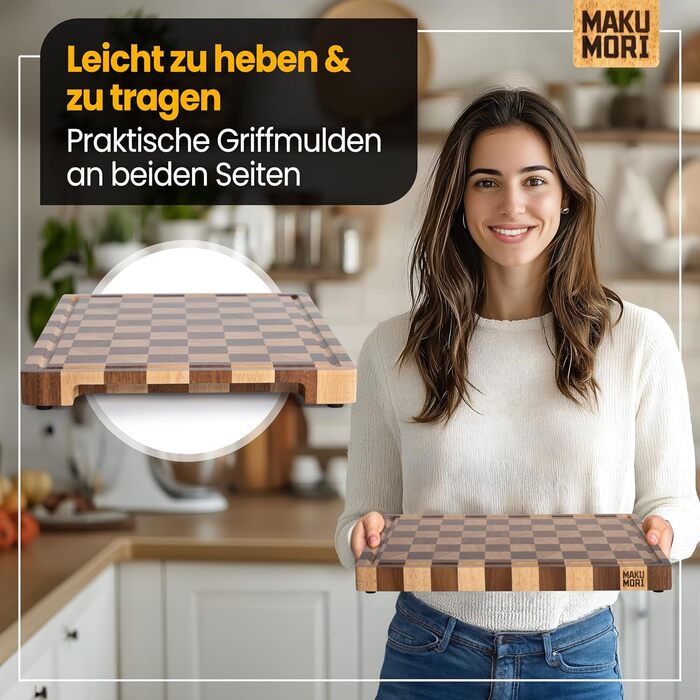 Премиум разделочная доска из цельного дерева, торцевая (End Grain) 40x29x3 см из карбонизированной акации, сертифицирована FSC, с ножками, желобком для сока и удобными ручками (двухцветная)