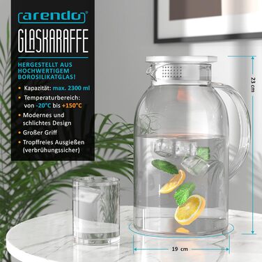 Скляний глечик з кришкою з нержавіючої сталі 2,3 л Arendo