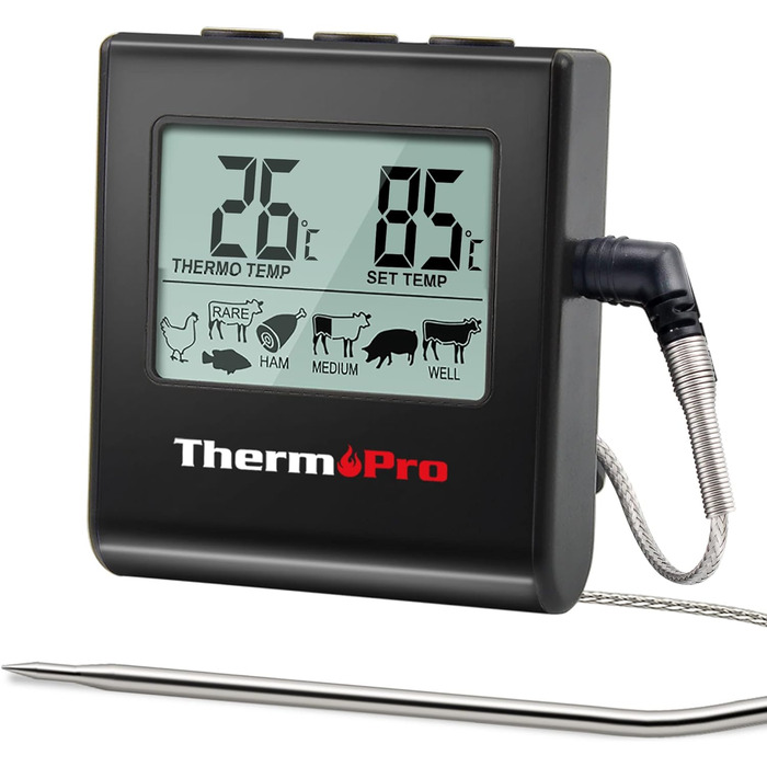 Цифровий термометр для м'яса ThermoPro TP16 Термометр для духовки Термометр для м'яса Термометр для гриля Кухонний термометр з таймером для барбекю, гриля, коптильні (чорний)