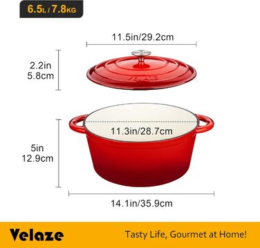 Чавунна сковорода Velaze 3,5 л, чавунна каструля 28 см, форма для запікання, чавунна каструля B, сковорода для запікання з кришкою та ручками, емальоване покриття, підходить для всіх типів плит та індукції (червона, 29 см/6,5 л)