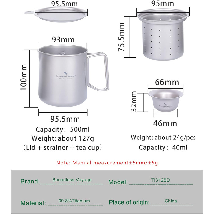 Мл Титановий чайник 120 мл і 180 мл Набір чашок з фільтром і кришкою Одношарова кавова кружка Садовий пікнік Набір чайників Портативний легкий туристичний посуд для кемпінгу на відкритому повітрі Ti3127D (кухоль Ti3126d-500 мл з набором чашок по 40 мл), 5