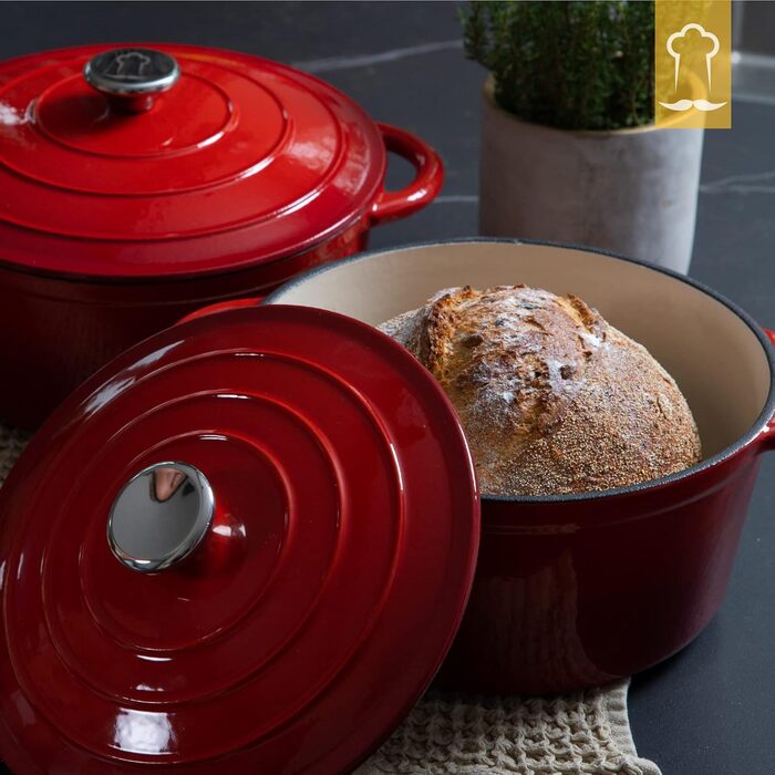 Чавунна каструля Chefarone 24 см, Емальована каструля з кришкою для випікання хліба, тушкування та запікання Хлібна каструля, сумісна з індукцією (червона, 4,7 л)