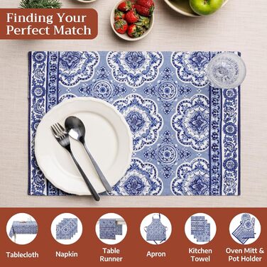 Бавовняні килимки для серветок, набір з 4 шт. , декоративні килимки для серветок, пасхальні килимки, що миються, для свят, вечерь, весни, літа (33 см x 48 см) (014 - Melodie Bleue), 39Hermine 100