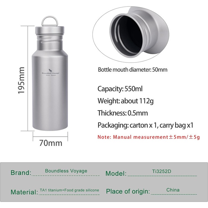 Титанова пляшка для води 550 мл. iBasingo